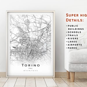 Mappa di Torino, Italia - Mappa con dettagli elevati - download immediato, poster cartografico stampabile - Download digitale Mappa di Torino.