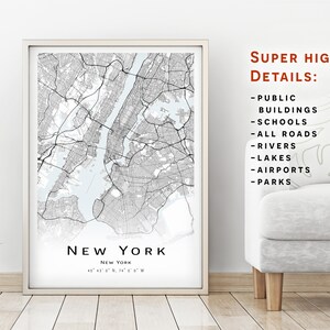 Mapa de la ciudad de Nueva York, Nueva York, Estados Unidos (EE. UU.): Mapa de la ciudad con gran detalle (descarga instantánea, póster imprimible) - Mapa de descarga digital