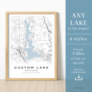Carte personnalisée du lac, affiche du lac, n'importe quel lac, décoration murale, carte du lac imprimable, art de la maison, carte personnalisée, cadeau pour pêcheur, TÉLÉCHARGEMENT NUMÉRIQUE