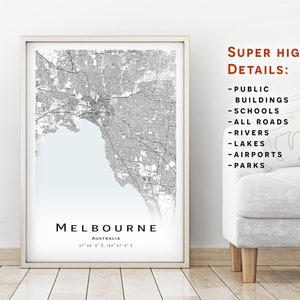 Carte de Melbourne, Australie - Carte de la ville avec des détails élevés - téléchargement instantané, Affiche de carte imprimable - Carte de téléchargement numérique de Melbourne.