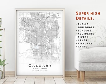 Carte de Calgary - Alberta, Canada - Carte avec des détails élevés - Affiche de carte imprimable - Carte à télécharger numérique - Oeuvre d’art minimaliste - carte art mural