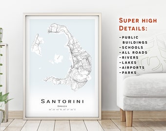 Santorini island map - Greece - City Map with high details - Printable map poster - Digital download map - minimalist artwork - map wall art