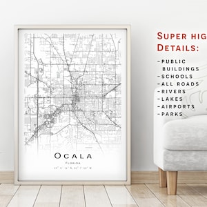 Ocala-kaart, Florida, Verenigde Staten - stadsplattegrond met hoge details, geen straatnamen - direct downloaden, afdrukbare kaartposter. Digitale download.