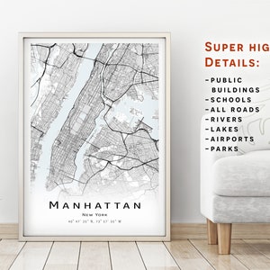 Manhattan Karte, New York, Vereinigte Staaten (USA) - Stadtplan mit hohen Details zum sofortigen Download