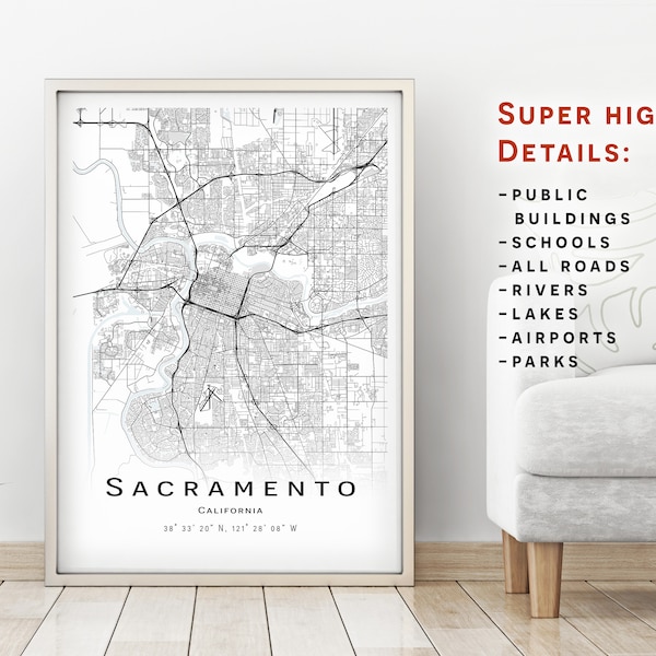 Sacramento map - California (US) - City Map with high details - Printable map poster - Digital download map - minimalist artwork - wall art