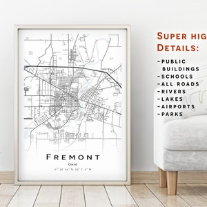 Fremont map - Ohio OH - City Map with high details - Printable map poster - Digital download map - minimalist artwork - map wall art