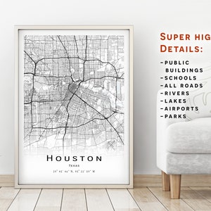 Houston map, Texas, TX - Mapa de la ciudad con detalles altos - descarga instantánea, póster de mapa imprimible - Descarga digital del mapa de Houston.