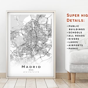 Madrid carte, Espagne - Carte de la ville avec des détails élevés - téléchargement instantané, Affiche de carte imprimable - Madrid Carte numérique.