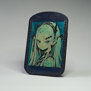 Carteira de anime. Porta-cartões de couro feito à mão. Porta-cartões de anime, Carteira de anime feita à mão