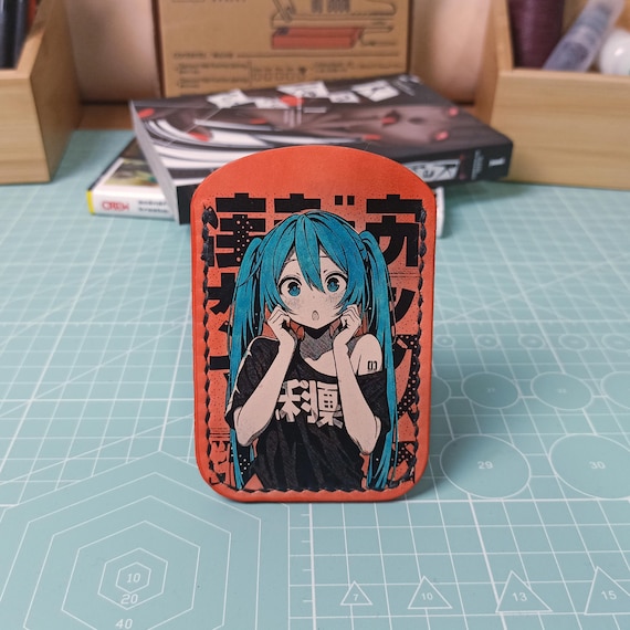 Anime cardholder Hatsune Miku. Vegetable tanned leather. Handmade wallet.
