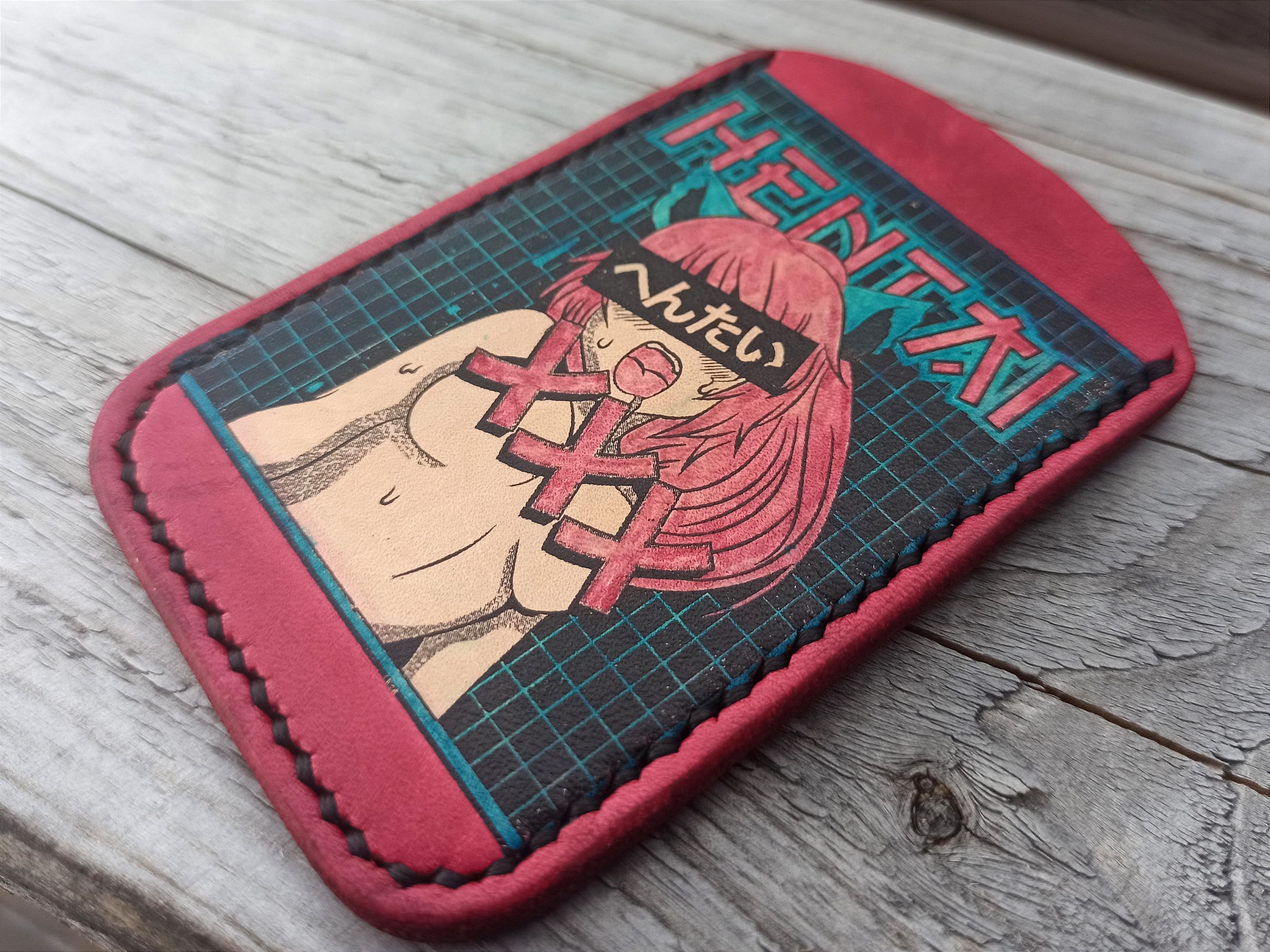 Leather cardholder in anime style. Handmade. Real Leather