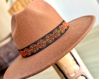 Embroidered Wide-Brim Fedora Hat with Southwestern Band Western Cowboy Hat - Rancher - Fedora - Handmade Hat Band  main image 4