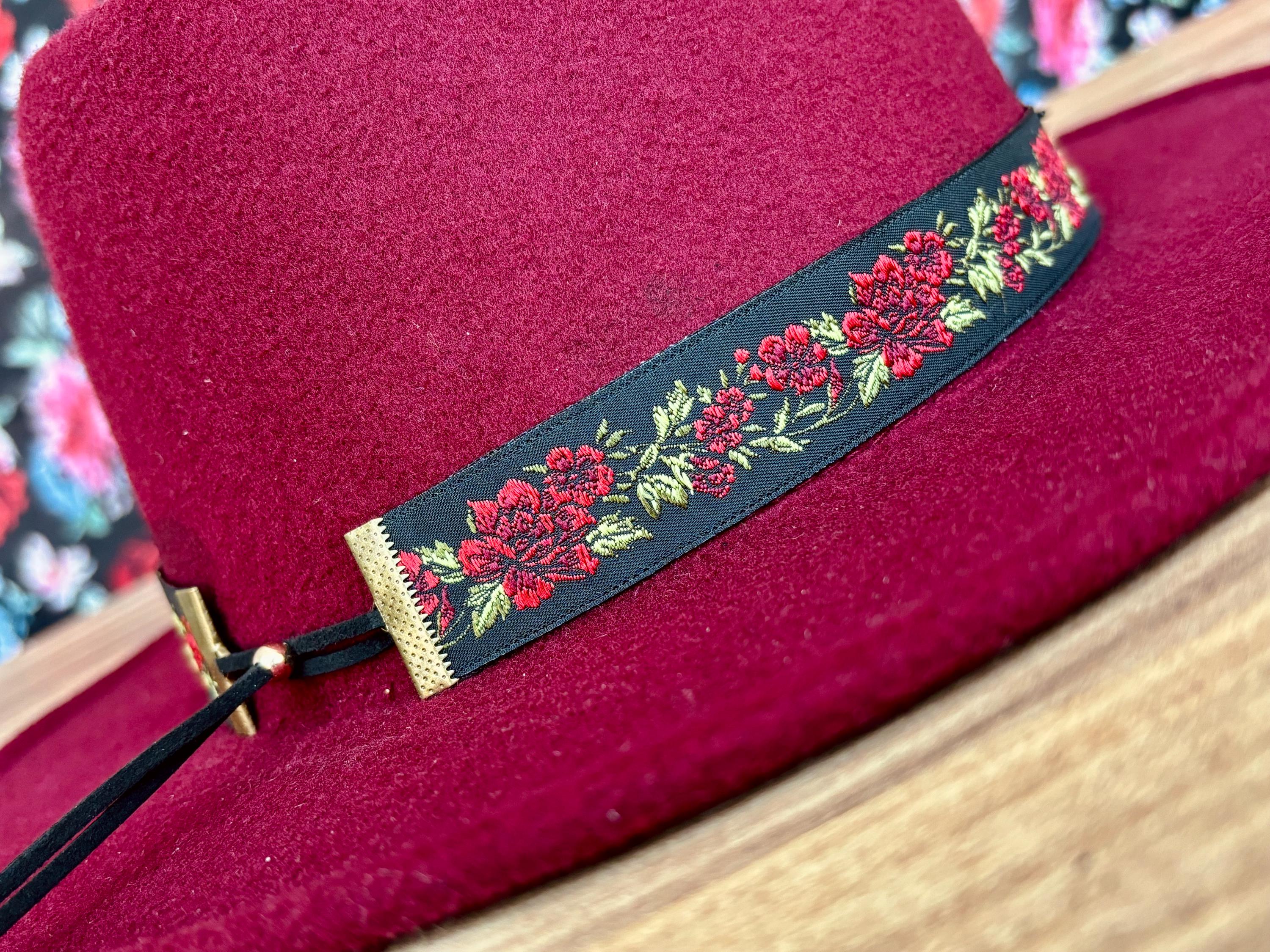 3958 Red Rose Hat Band, Women Fedora Cowboy Hatband, Handmade Western Red Rose Women Hat Band, Western Style Fedora Hat Bands  main image 2