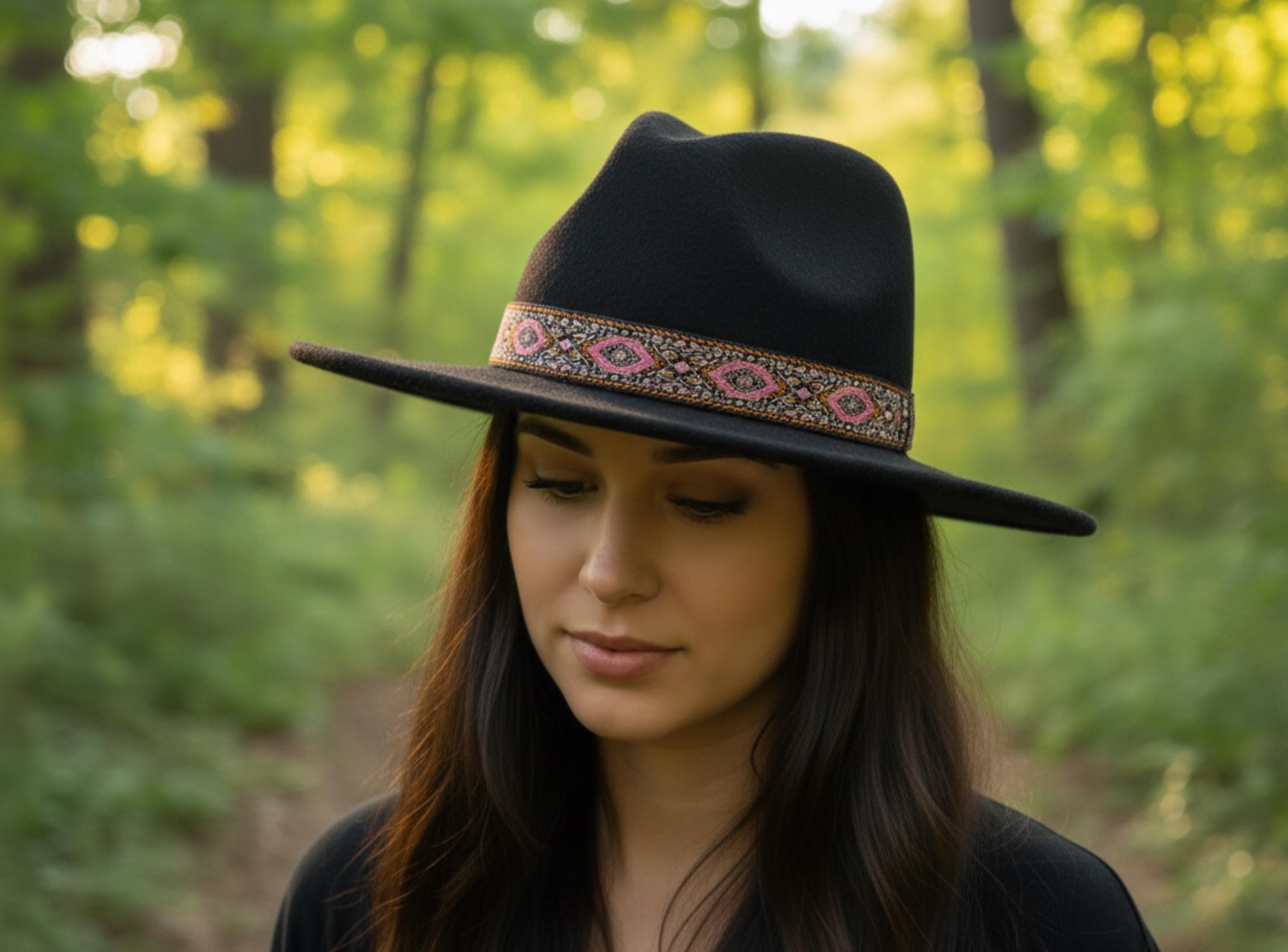 NWT Bohemian Faux Suede Hat With Ribbon Band Boho Hat Band – Jacquard Ribbon Hatband With Adjustable  main image 4