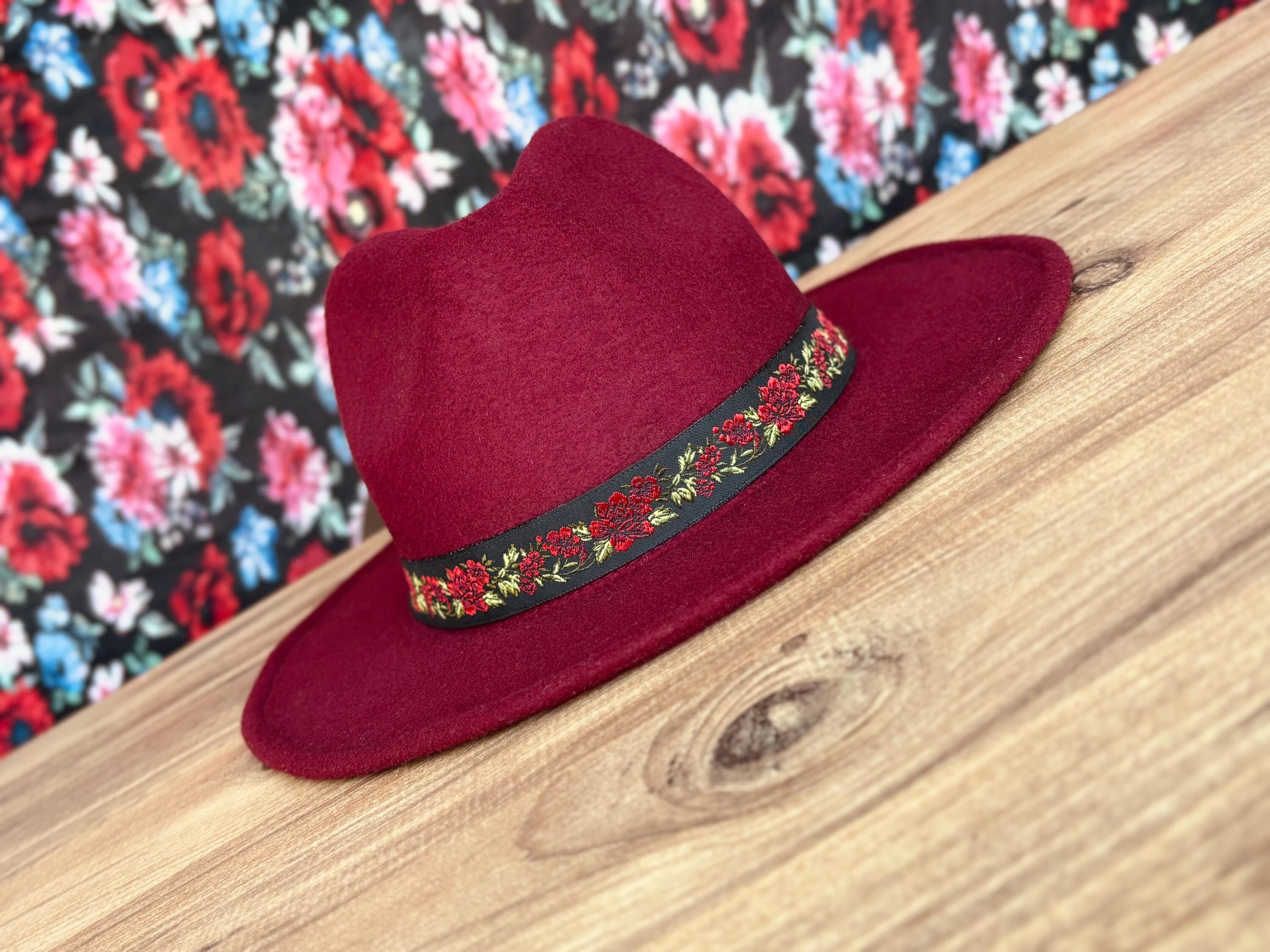 3958 Red Rose Hat Band, Women Fedora Cowboy Hatband, Handmade Western Red Rose Women Hat Band, Western Style Fedora Hat Bands  main image 3