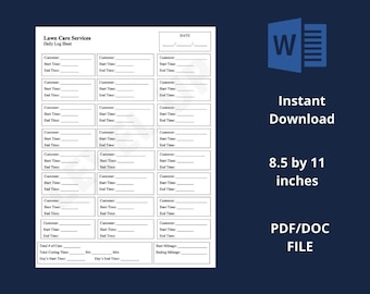 Lawn Care Client Log Book, Word Template, Word Printable Template