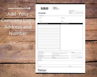 May include: A blank invoice template with fields for customer information, description of work, recommendations, payment information, comments, signature, and date. The template has a space for a company logo at the top.