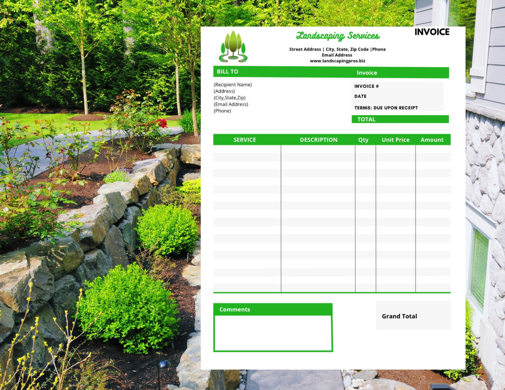 Lawn Care Invoice Template, Landscaping Invoice Template, Landscaping