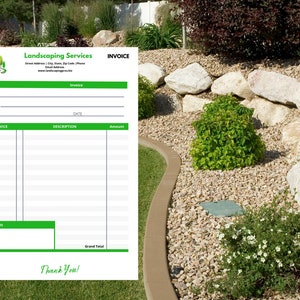 May include: A blank invoice form for landscaping services with a green logo featuring a stylised tree. The form includes fields for billing information, service description, amount, and comments. The invoice is set against a background of a landscaped garden with rocks and greenery.