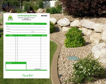 May include: A blank invoice form for landscaping services with a green logo featuring a stylized tree. The form includes fields for billing information, service description, amount, and comments. The invoice is set against a background of a landscaped yard with rocks and greenery.
