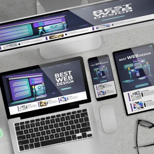 May include: A laptop, desktop monitor, tablet, and smartphone displaying a website design with the text "BEST WEB DESIGN." The devices are arranged on a light gray surface, with a mouse, glasses, and a USB drive nearby. The website design features purple and teal elements.