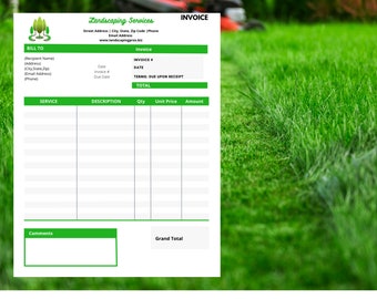 Puede incluir: Plantilla de factura verde y blanca para servicios de paisajismo. La plantilla incluye secciones para información de facturación, descripción del servicio, cantidad, precio unitario, importe, comentarios y total general.