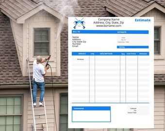 Può includere: Un modulo di preventivo blu e bianco per i servizi di pulizia delle finestre. Il modulo include una sezione per le informazioni di fatturazione, una tabella per l'elenco dei servizi e una sezione per i commenti. Il modulo è intitolato "Preventivo".