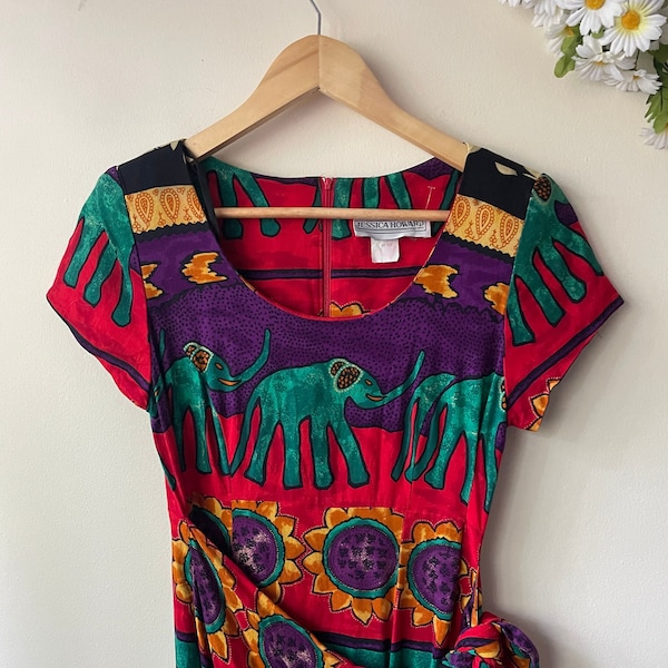 Vintage Jessica Howard Dress | 1980s | Elephant Dress | Tribal Print | Wrap Dress Style | Hippy Aesthetic | Figure Hugging | Shoulder Pads