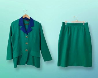 | des années 1980 | vintage | de couleur de bloc ajusté Dîner élégant vert et bleu deux pièces | Lori Weidner | | Power Dressing des années 1980 Épaulettes ajustées