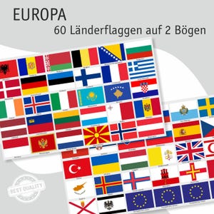 Könnte beinhalten: Eine Tabelle mit 60 europäischen Länderflaggen, angeordnet in einem Raster mit 6 Zeilen und 10 Spalten. Die Flaggen werden auf einem weißen Hintergrund mit dem Text "EUROPA 60 Länderflaggen auf 2 Bögen" oben angezeigt. Die Flaggen sind alphabetisch nach Ländernamen sortiert.