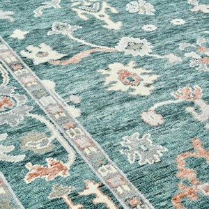 Teal Green Traditional Floral Rug | Hand Knotted Wool Carpet | Asara Collection | Antique Oushak Design