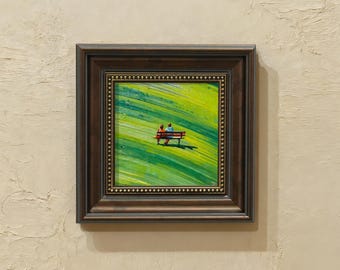 Greenfield Love Scene Oil Painting – Couple on Bench, Romantic Home Decor