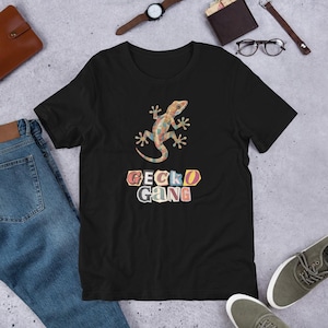 Gecko Gang Lizard Animal Lover Collage T-Shirt | Scrapbook Style Unisex Tee | Bella + Canvas | Retro Magazine Clippings Aesthetic Gift