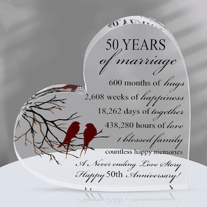 50th Golden Wedding Anniversary Keepsake for Him, Her - Romantic Acrylic Heart-Shaped gift for Parents, Grandparents - with Quote