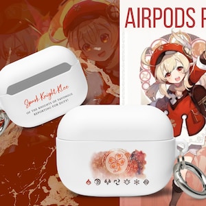 May include: White AirPods Pro case with a silver carabiner. The case features the text "Spark Knight Klee" and "OF THE KNIGHTS OF FAVONIUS REPORTING FOR DUTY!". The case also has a graphic design with a four-leaf clover and other symbols. The words "AIRPODS PRO" are also visible.