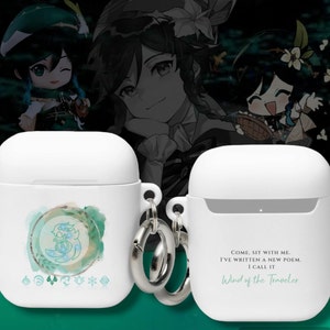 May include: White AirPod cases with a Genshin Impact theme. One case features a teal and gold emblem with a lyre, the other has the text "Come, sit with me. I've written a new poem. I call it Wind of the Traveler."