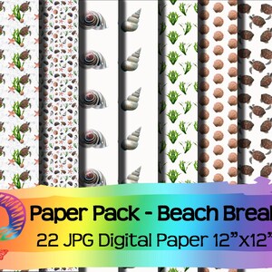 Plage, coquillages, étoiles de mer, algues, tortue, Paper Pack, Papier numérique, 12"x12", Fond, Téléchargement instantané, impression par sublimation