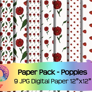 Poppies, Poppy Flowers, Paper Pack, Digital Paper, 12&quot;x12&quot;, Background, Instant download, sublimation print