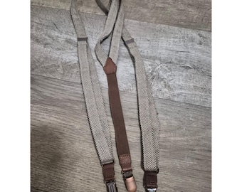 Vintage HM Herringbone Suspenders Classic Clips Leather Accents  Brown & Beige