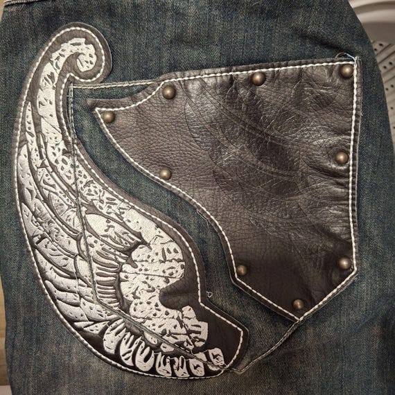 Y2K NWT Ablanche Mens Distressed Wing Embroidered Denim Jeans W36 