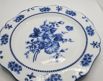 Grande assiette de rechange Cracker Barrel bleu blanc, bords surélevés, motif floral