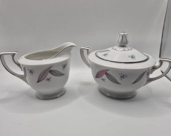 Serenade By Narumi Japan Creamer Sugar Set - Vintage White Pink Gray Silver Trim