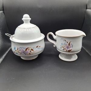 Denby England Pottery Creamer Sugar Bowl W/Lid/Spoon Floral Butterfly Design VTG