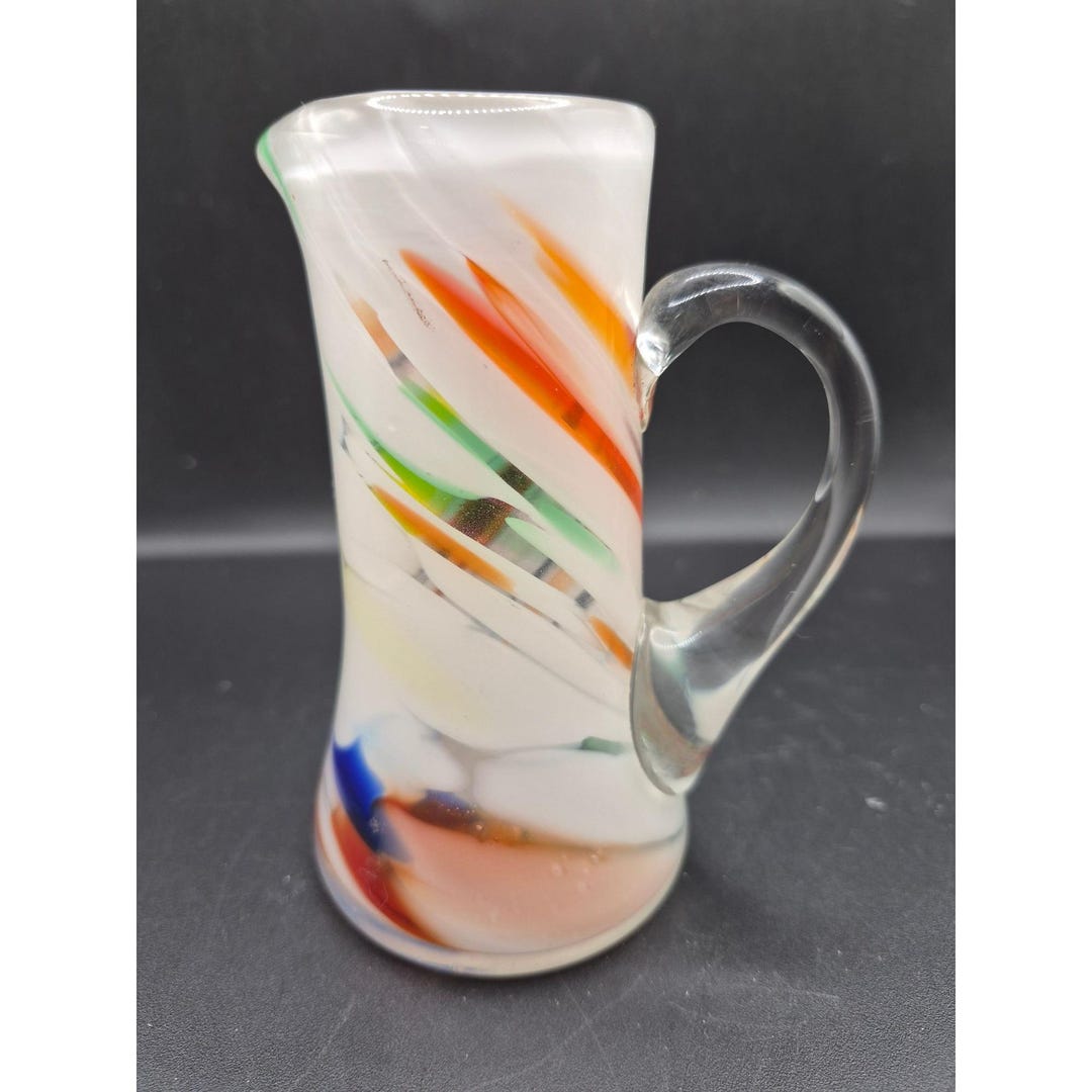 Color Pitcher Hand-blown Glass Miniature Pitcher With Vibrant Swirls of Color Applied ...