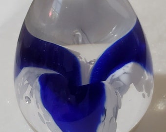 Blue Violet Floral Glass Egg Shaped Paperweight Signed 'GES 94'