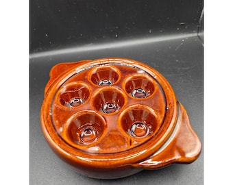 Ceramic Escargot Dish With 6 Wells And Handles Rustic Brown Glaze 5.5" Diameter