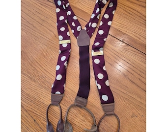 Perry Ellis Portfolio Mens Polka Dot Suspenders Solid Brass Clips Purple & White
