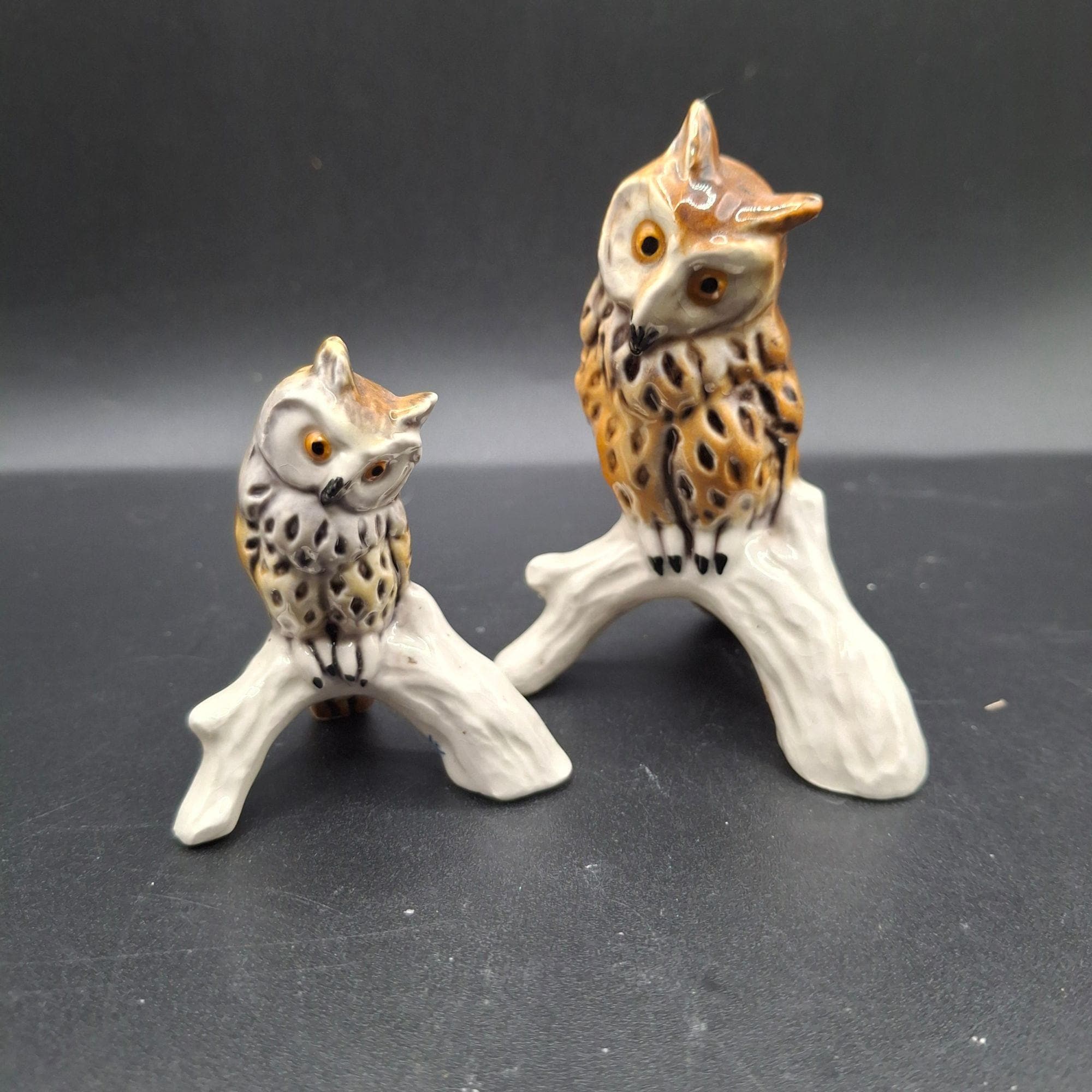 Vintage Goebel W Germany Owl Figurine Set Of 2 Hand-Painted Porcelain READ