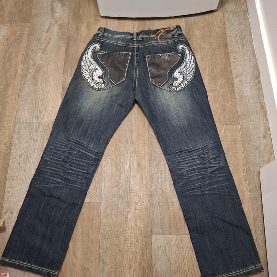 Y2K NWT Ablanche Mens Distressed Wing Embroidered Denim Jeans W36 
