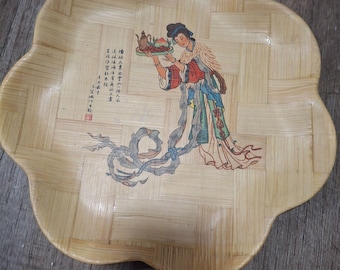 Handcrafted Vintage Asian Bamboo Decorative Plate  Traditional Maiden Artwork